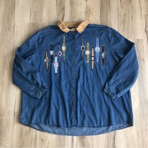 Bobbie Brooks Vintage Western Style Denim Shirt Embroidered Watch Design